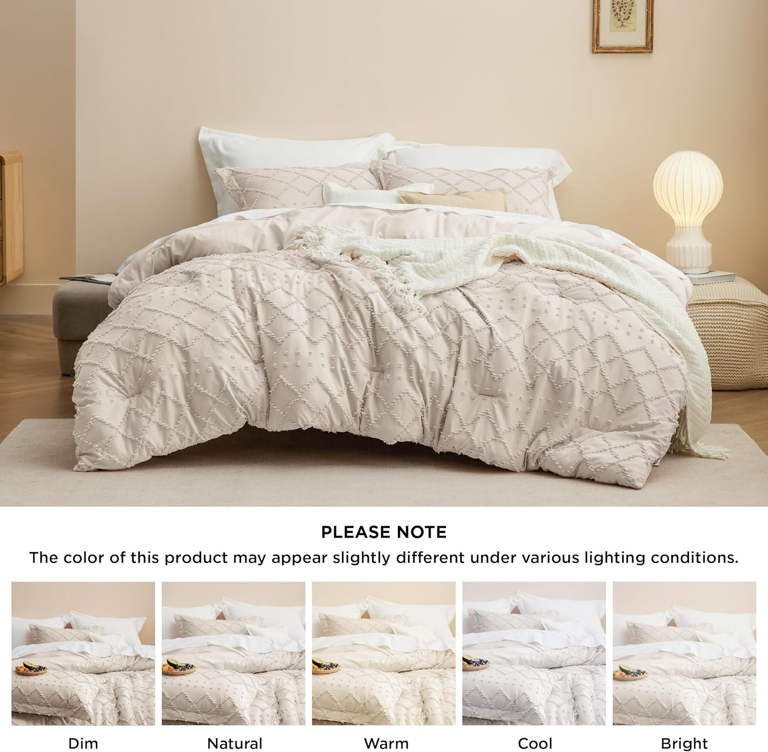 Queen Comforter Set - Beige Comforter, Boho Tufted Shabby Chic Bedding Comforter Set, 3 Pieces Vintage Farmhouse Bed Set for All Seasons, Fluffy Soft Bedding Set with 2 Pillow Shams